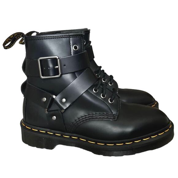 Dr. Martens Shoes - Dr. Martens Cristofor Black Leather Harness Buckle Combat Boots Women Si…